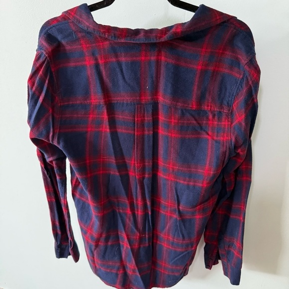Express Boyfriend Button Up Top Womans Medium Plaid Blue Long Sleeve Collared - Picture 4 of 5